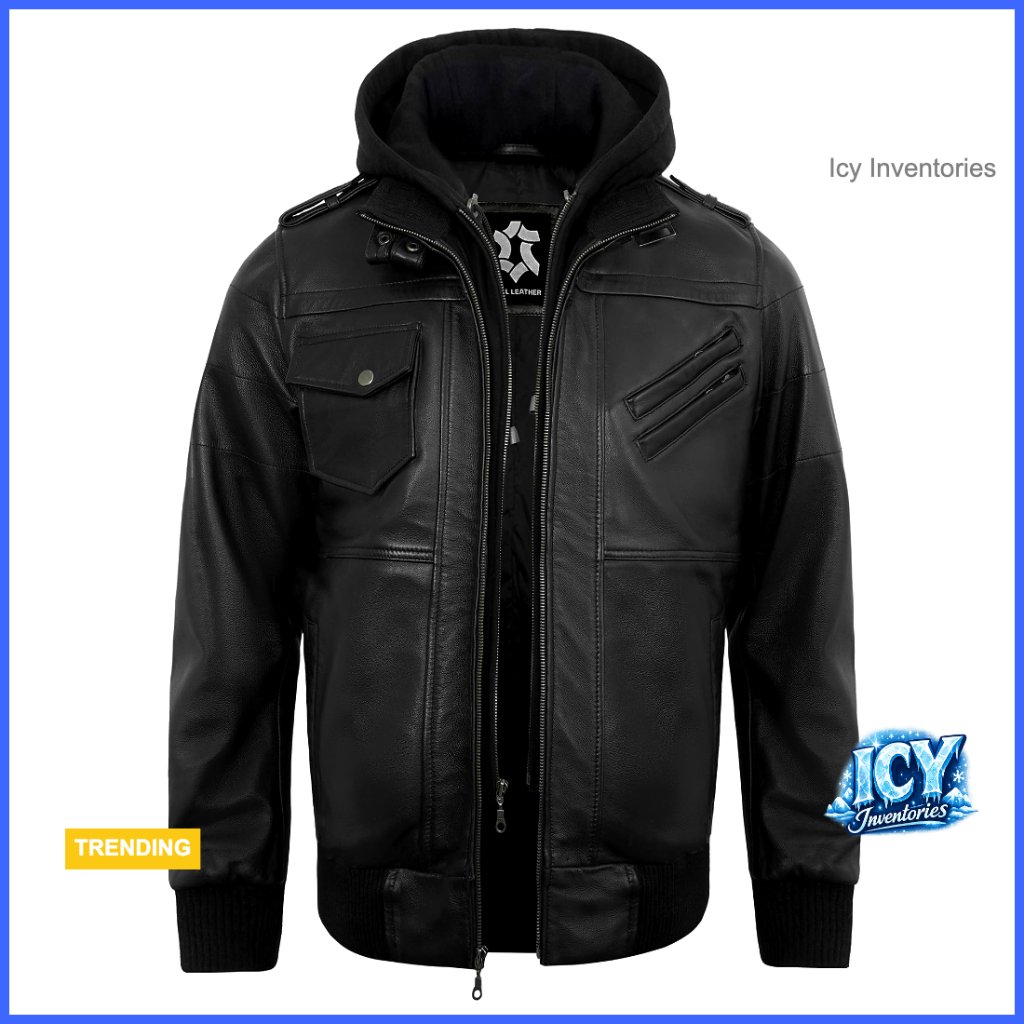 Real Lambskin Leather Bomber Jacket With Detachable Hood